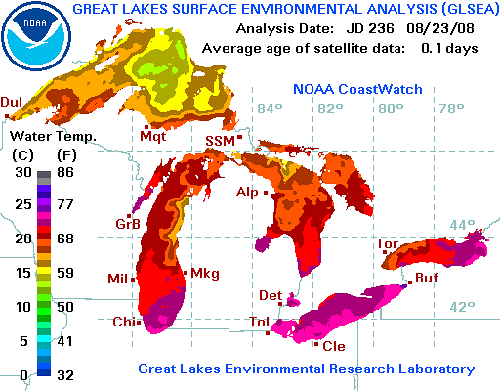 Great Lakes water temperature map