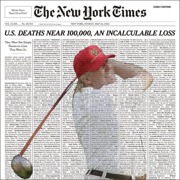 New York Times front page, May 24, 2020, with superimposition