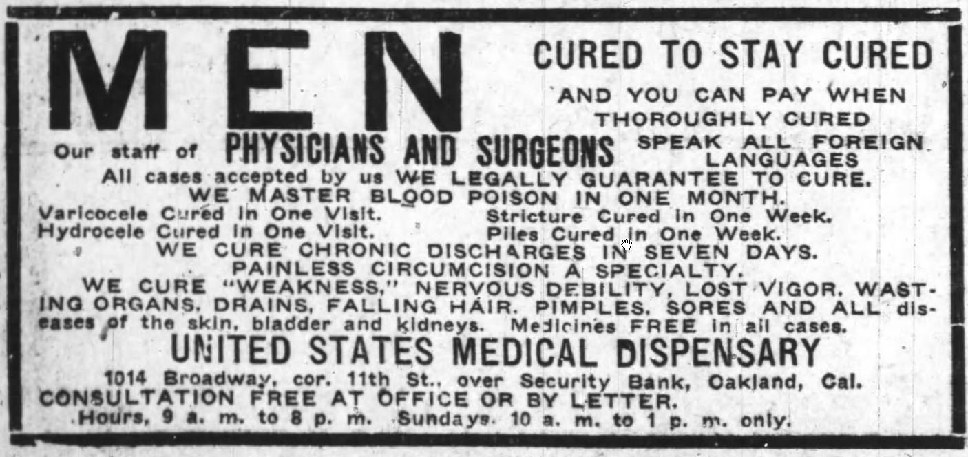 Advertisement for medical services for men, Oakland Tribune, January 6, 1909